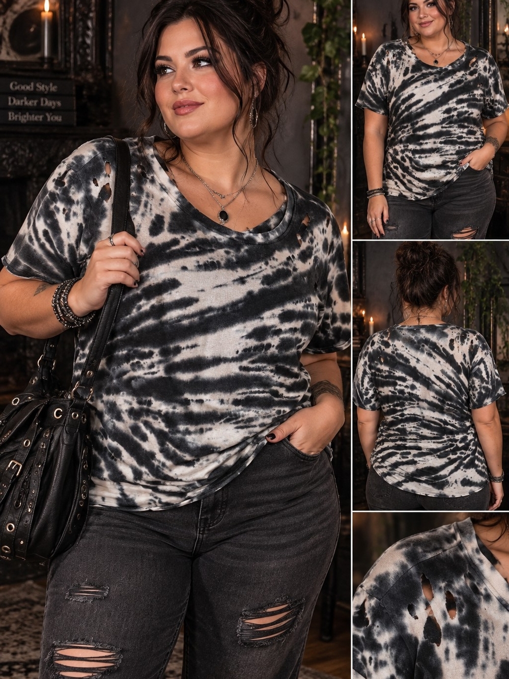 Torrid Love Stitch Distressed Tie Dye Tee Black White Grunge Y2K Top